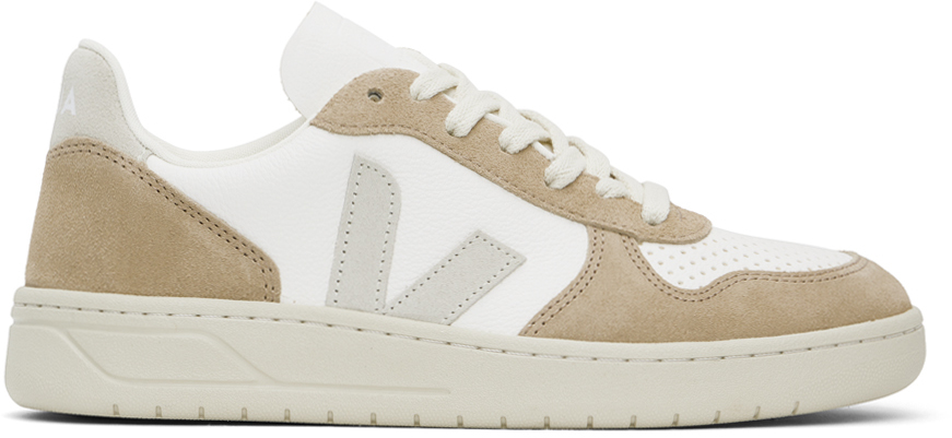 Shop Veja Beige & White V-10 Leather Sneakers In White/natural/sahara