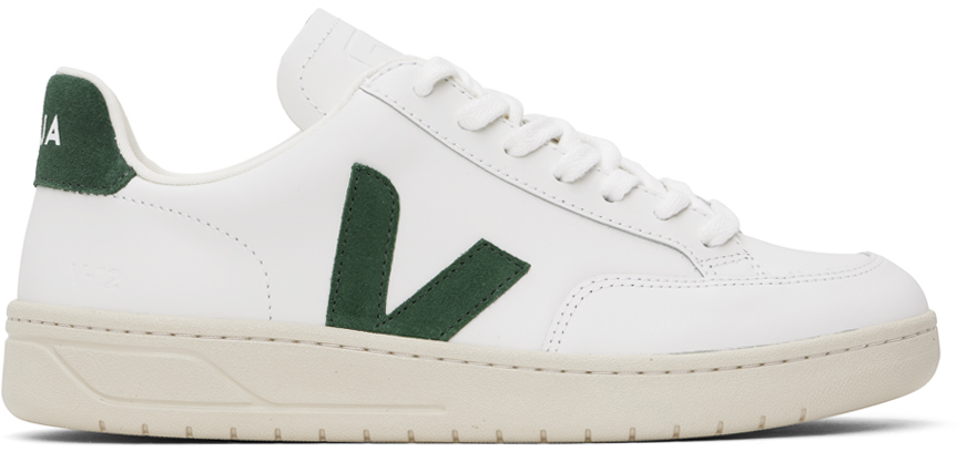 Shop Veja White & Green V-12 Leather Sneakers In Extra-white_cyprus