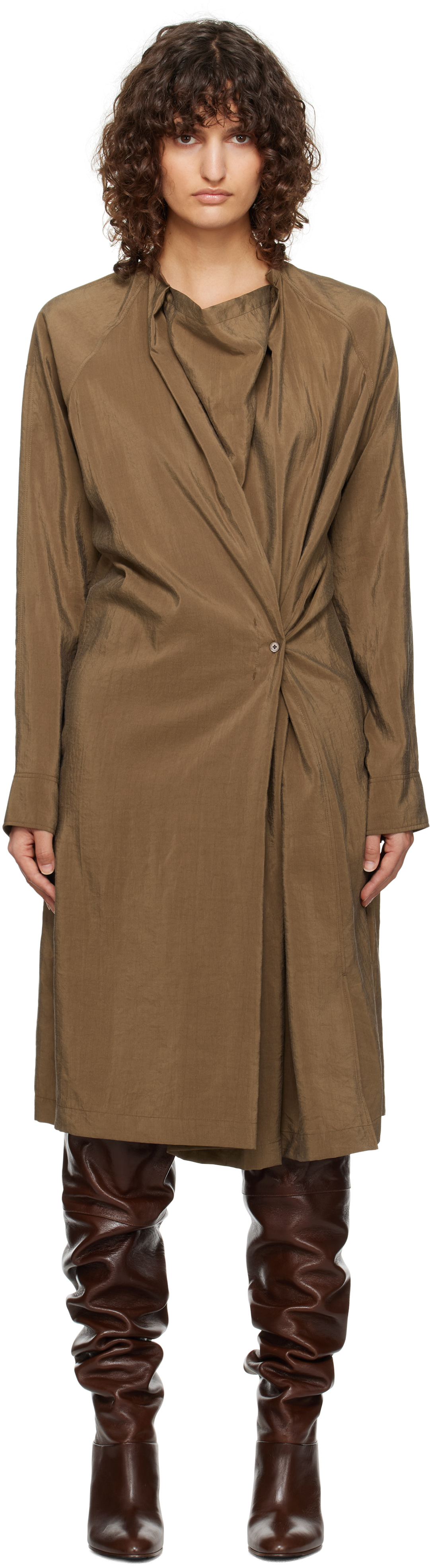 Tan Twisted Blouse Dry Silk Midi Dress