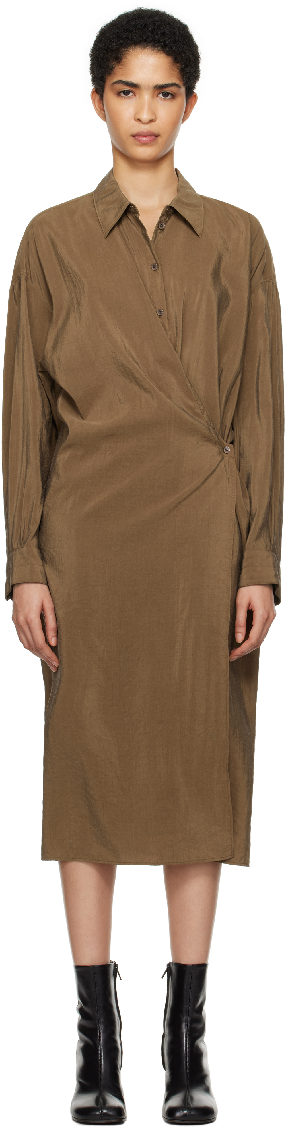 LEMAIRE BROWN STRAIGHT COLLAR TWISTED MIDI DRESS