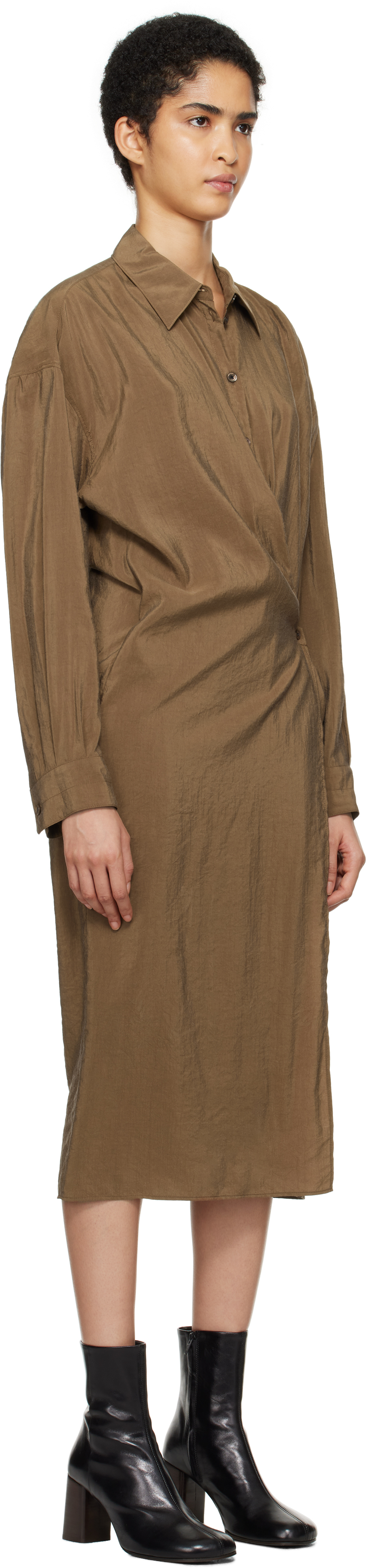 LEMAIRE BROWN STRAIGHT COLLAR TWISTED MIDI DRESS