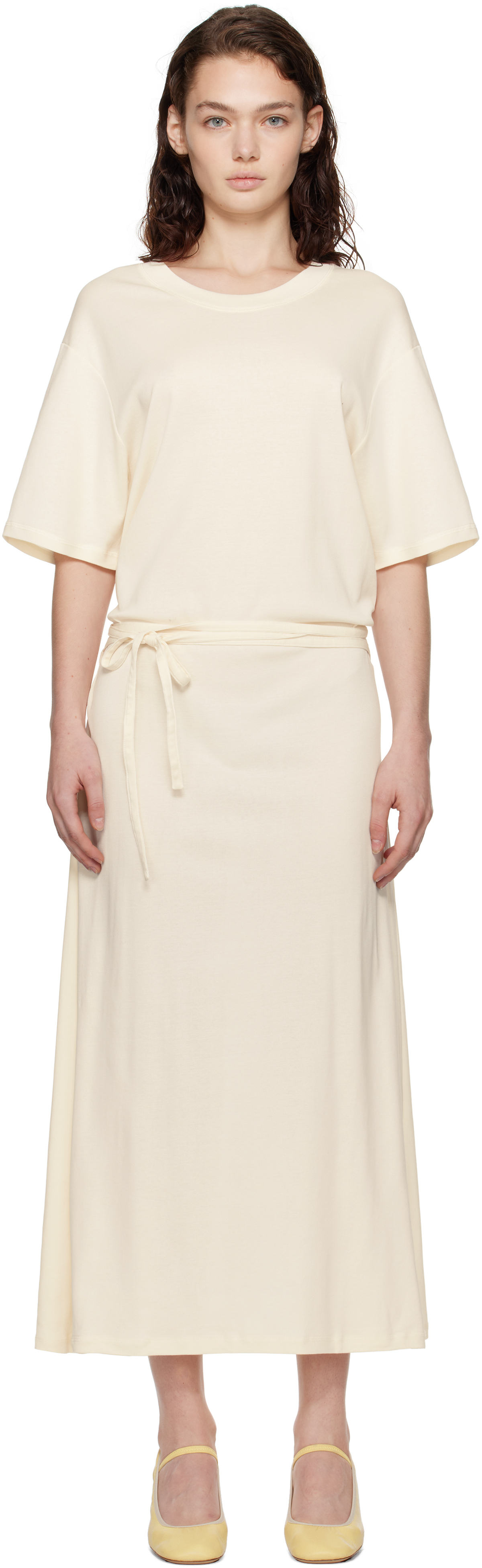 Shop Lemaire Off-white Belted Rib T-shirt Midi Dress In Wh048 Light Cream