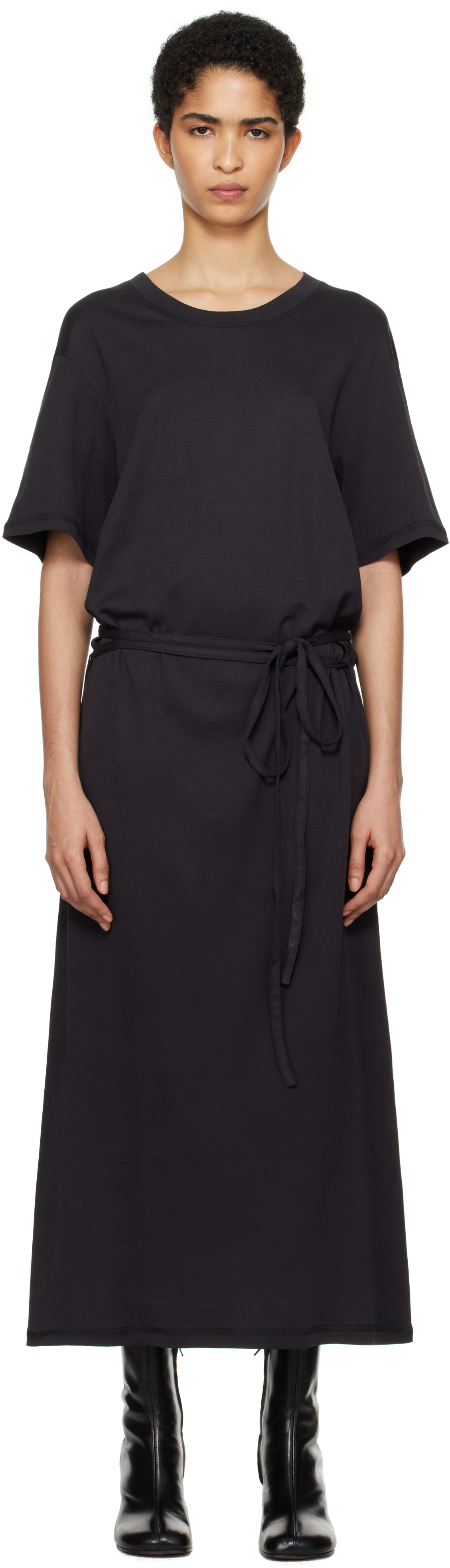 Lemaire Navy Belted Rib T-shirt Midi Dress In Bk998 Squid Ink