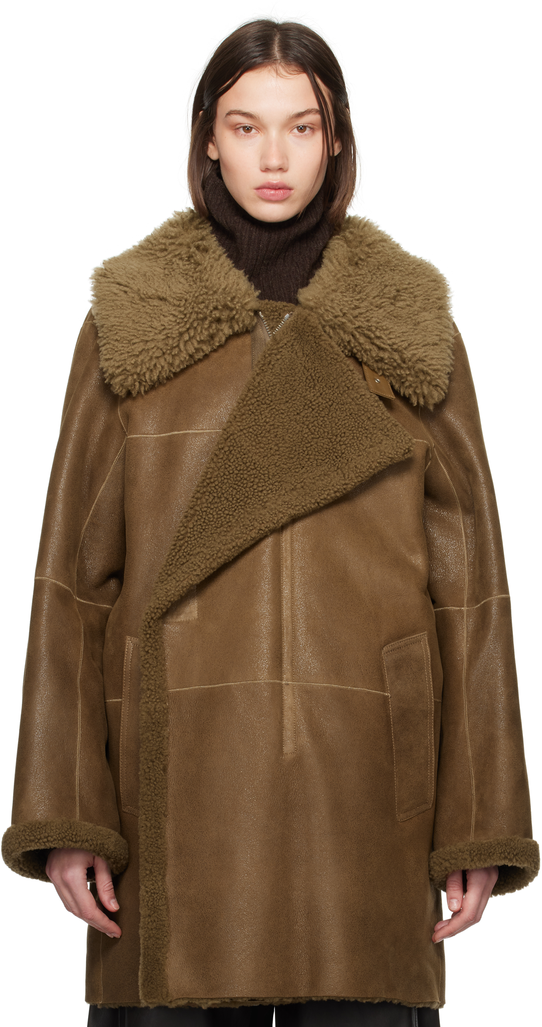 Brown Asymmetrical Shearling Coat