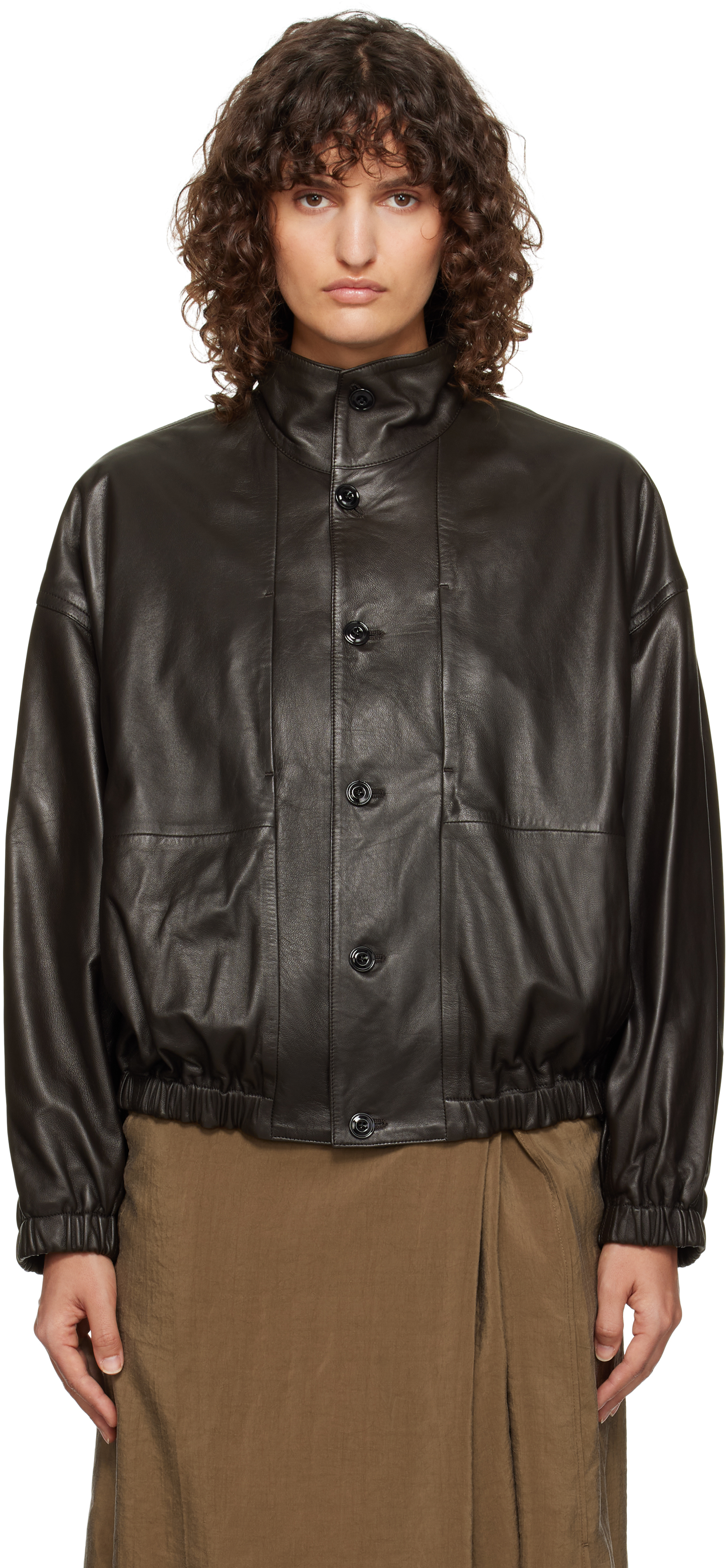 Brown Stand Collar Leather Jacket