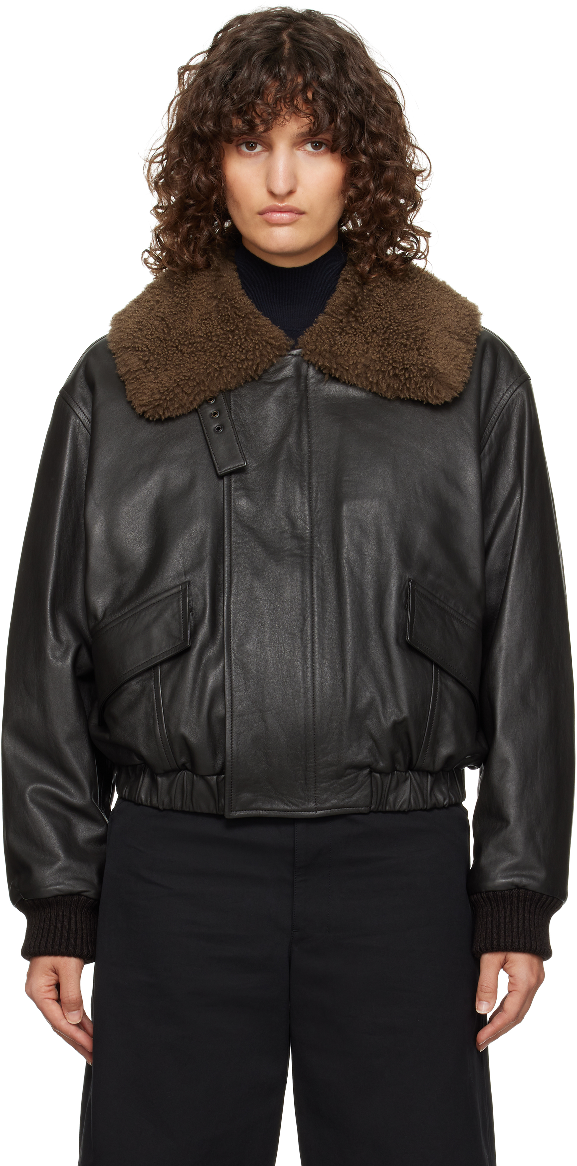 Shop Lemaire Brown Shearling Collar Leather Jacket In Br507 Dark Espresso