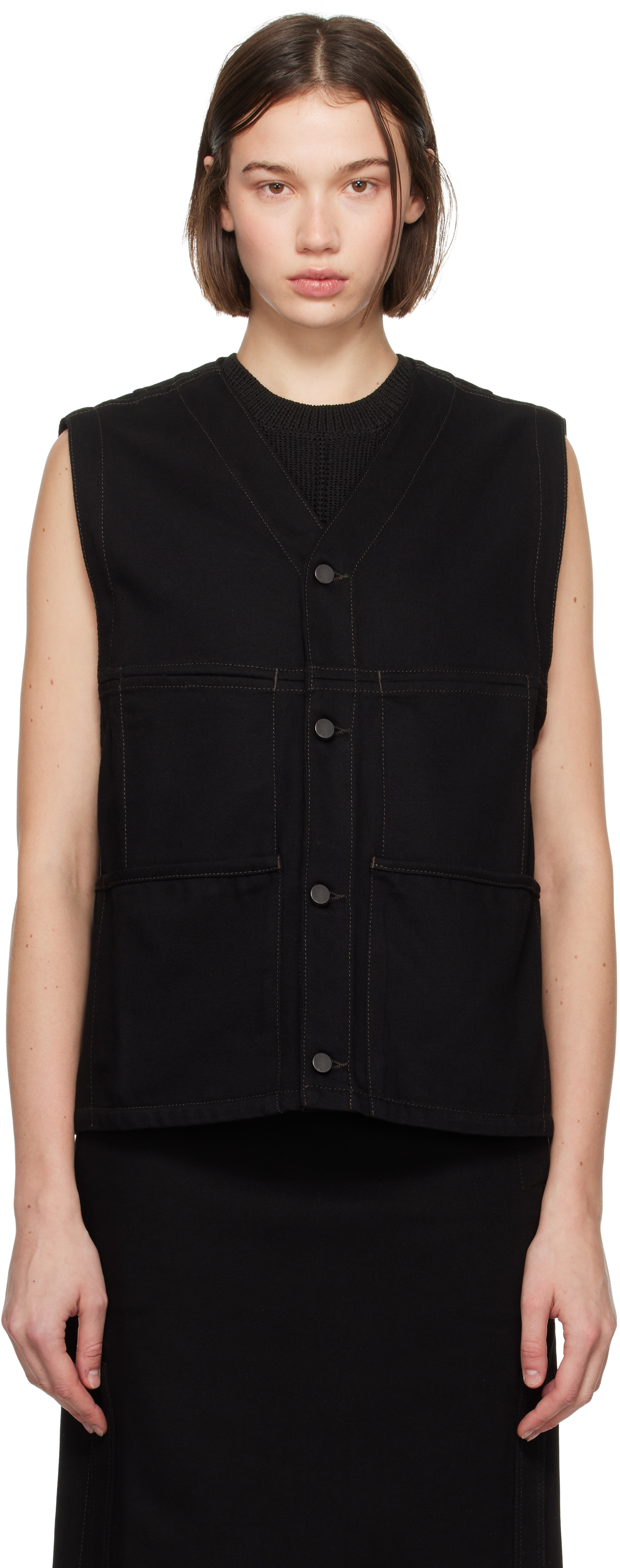 Lemaire Black Y-neck Denim Vest In Bk999 Black