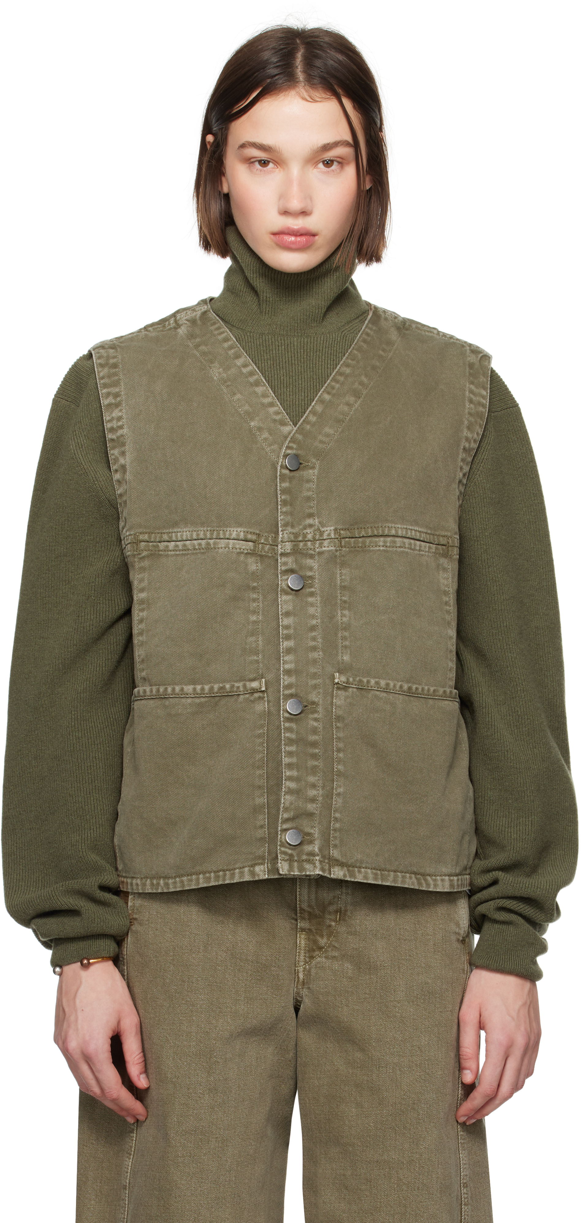 Lemaire Khaki Garment-dyed Denim Vest In Gr629 Denim Olive