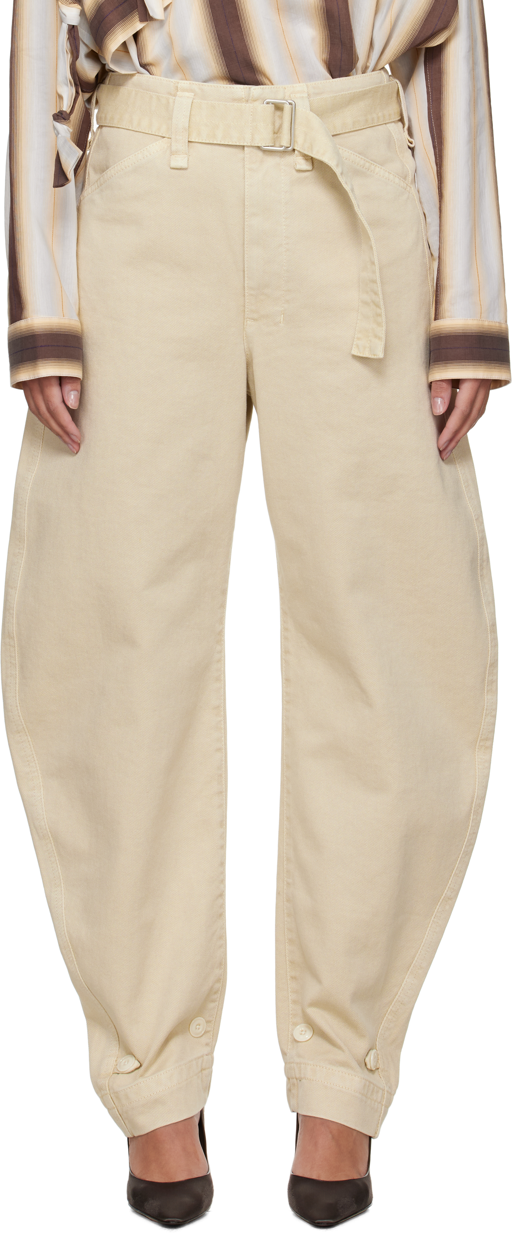 Beige Belted Tapered Jeans