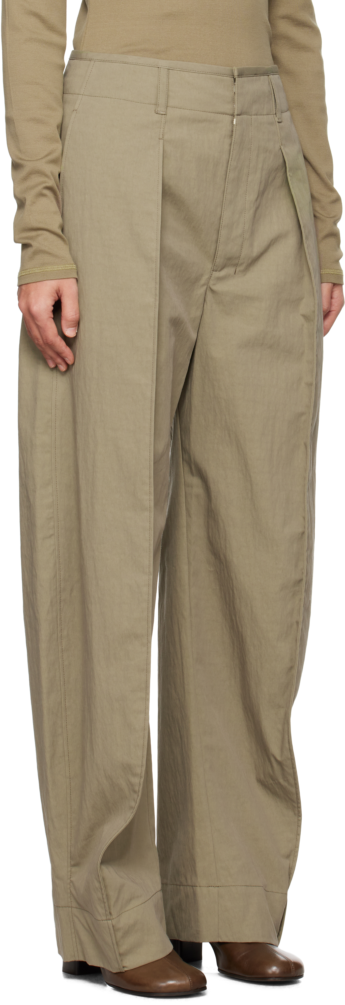 Lemaire Khaki Curved Volume Trousers In Gr619 Light Olive