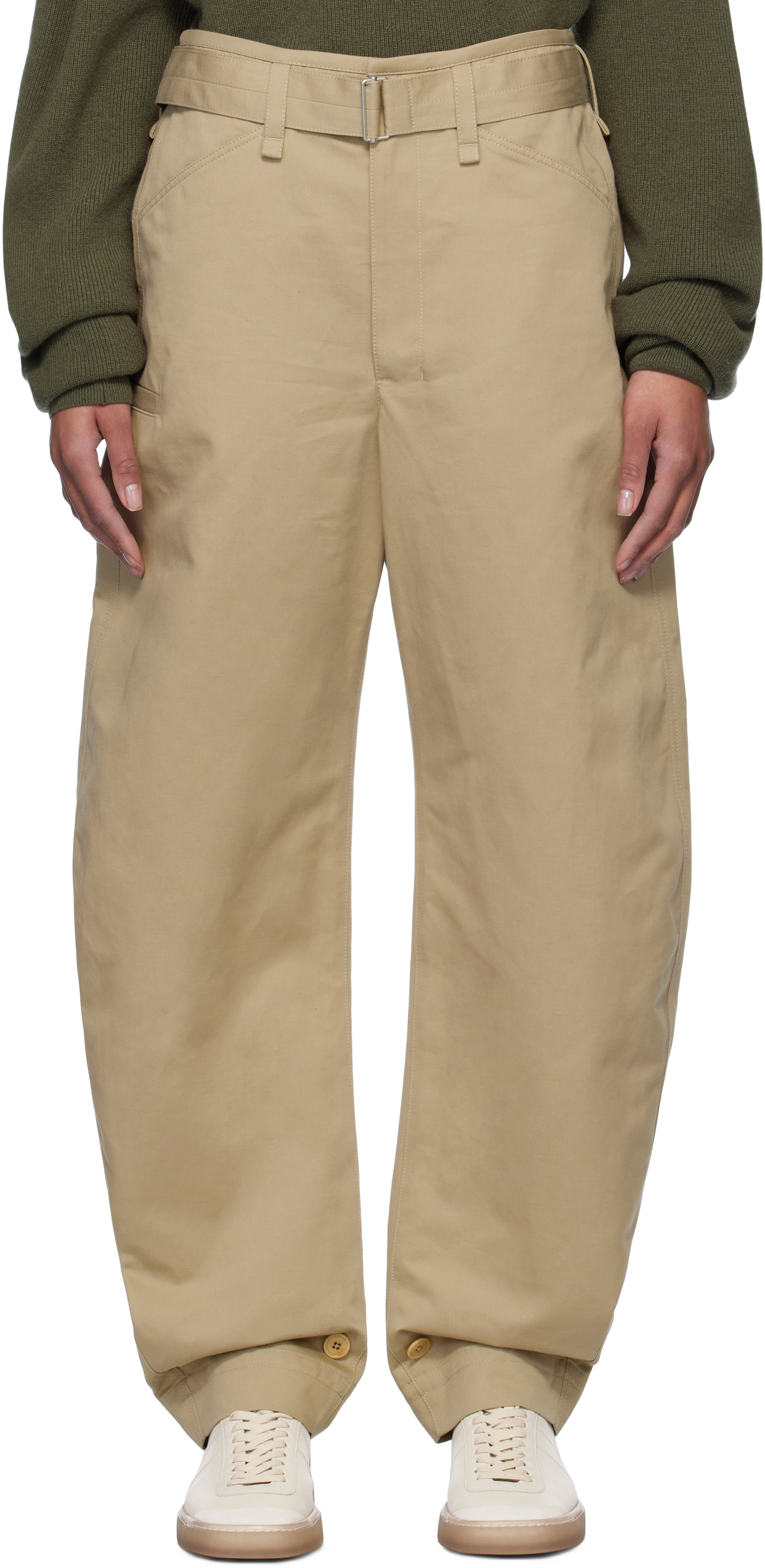 Lemaire Beige Belted Tapered Trousers In Bg260 Sand