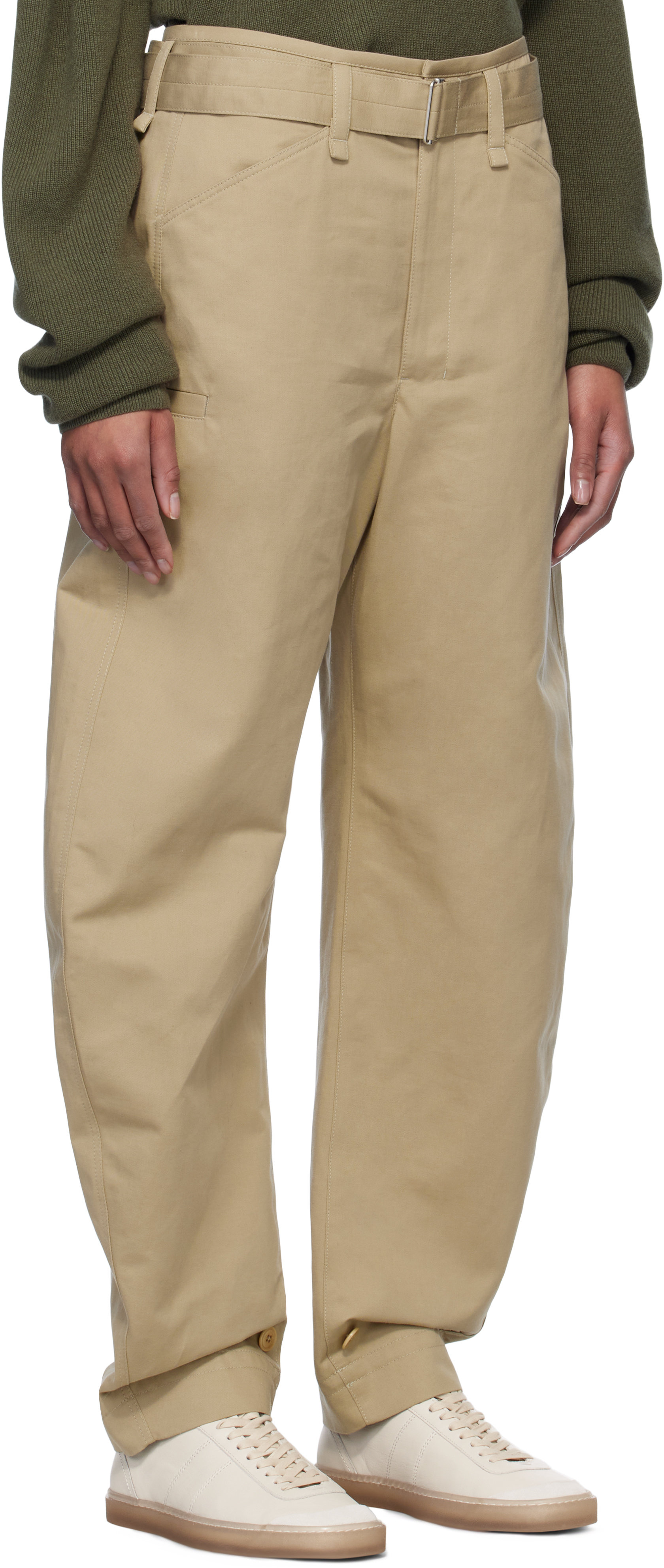 Lemaire Beige Belted Tapered Trousers In Bg260 Sand