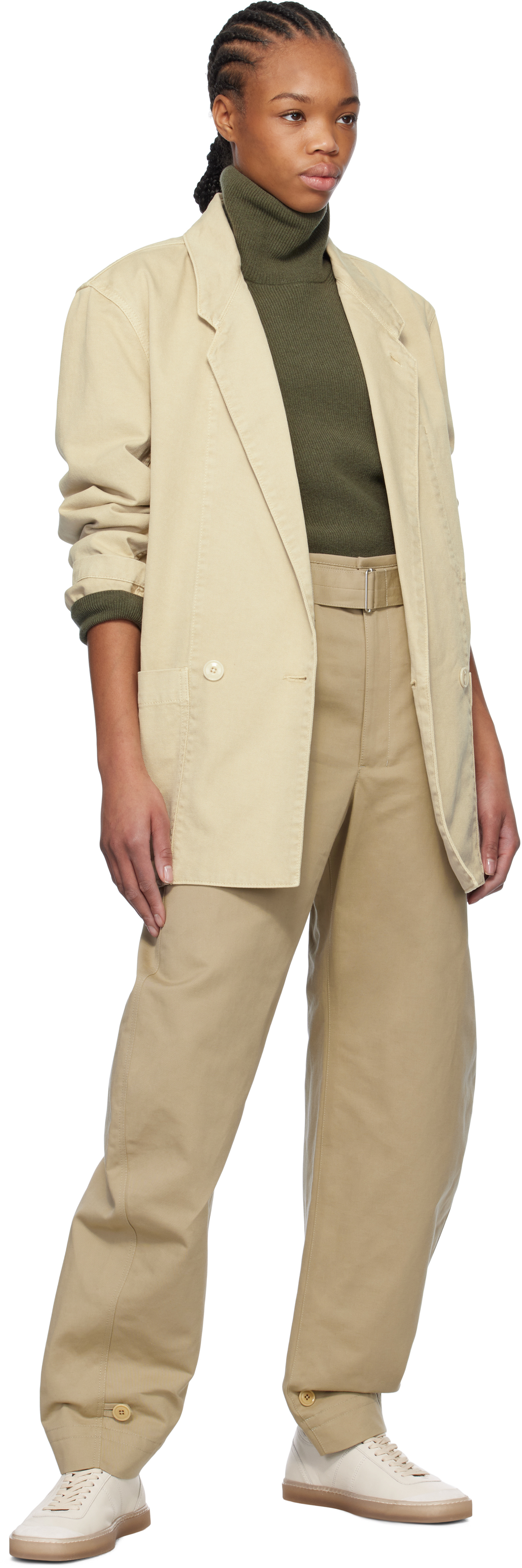 Lemaire Beige Belted Tapered Trousers In Bg260 Sand
