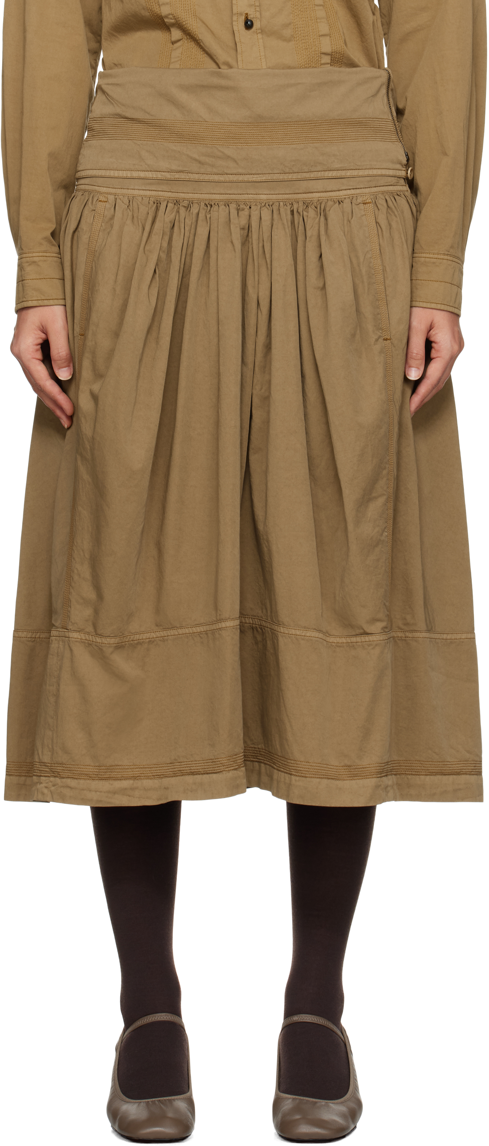 Brown Multi-Topstitched Gathered Midi Skirt