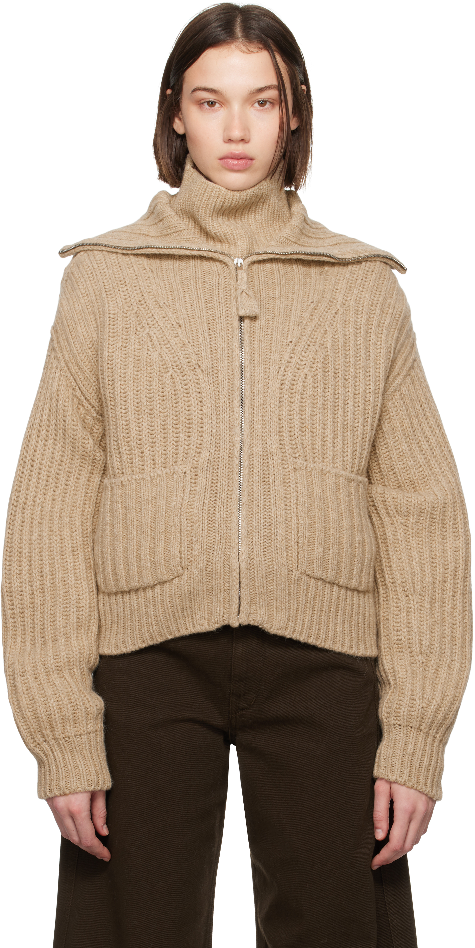 Beige Trucker Collar Zipped Cardigan