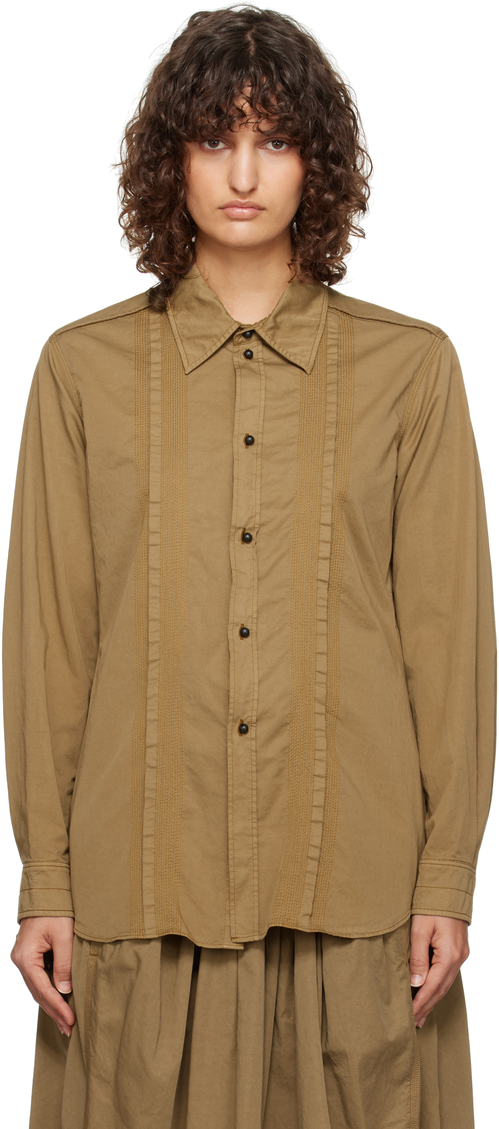 Brown Multi-Topstich Fitted Shirt