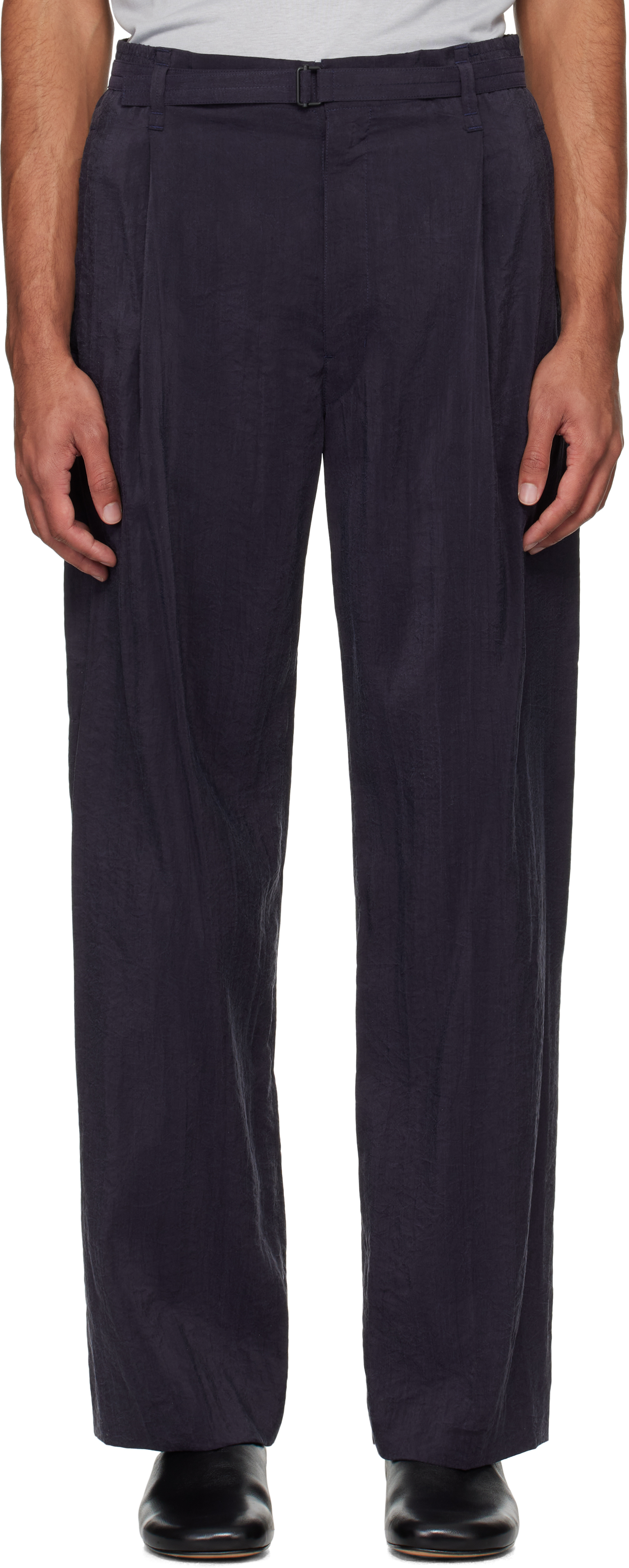 Navy Belted Relaxed Trousers by LEMAIRE on Sale