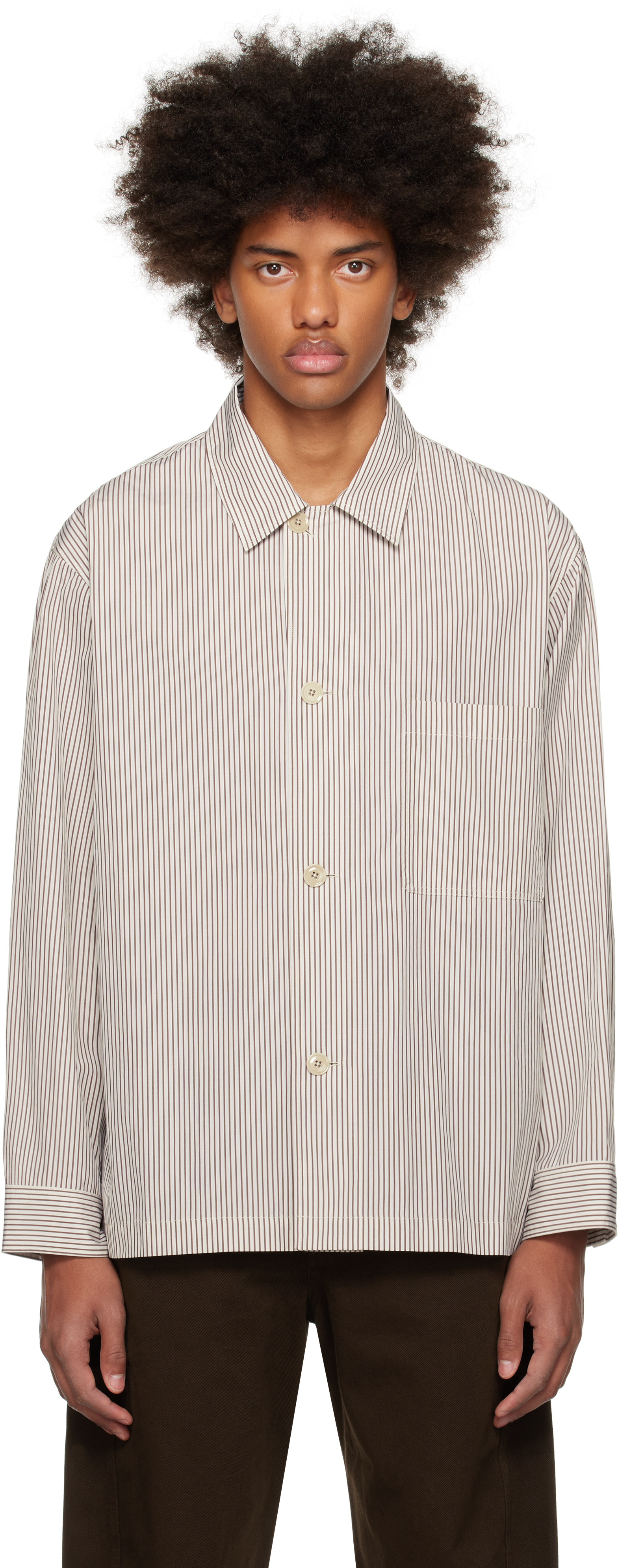 LEMAIRE WHITE & TAUPE STRIPED PYJAMA SHIRT 