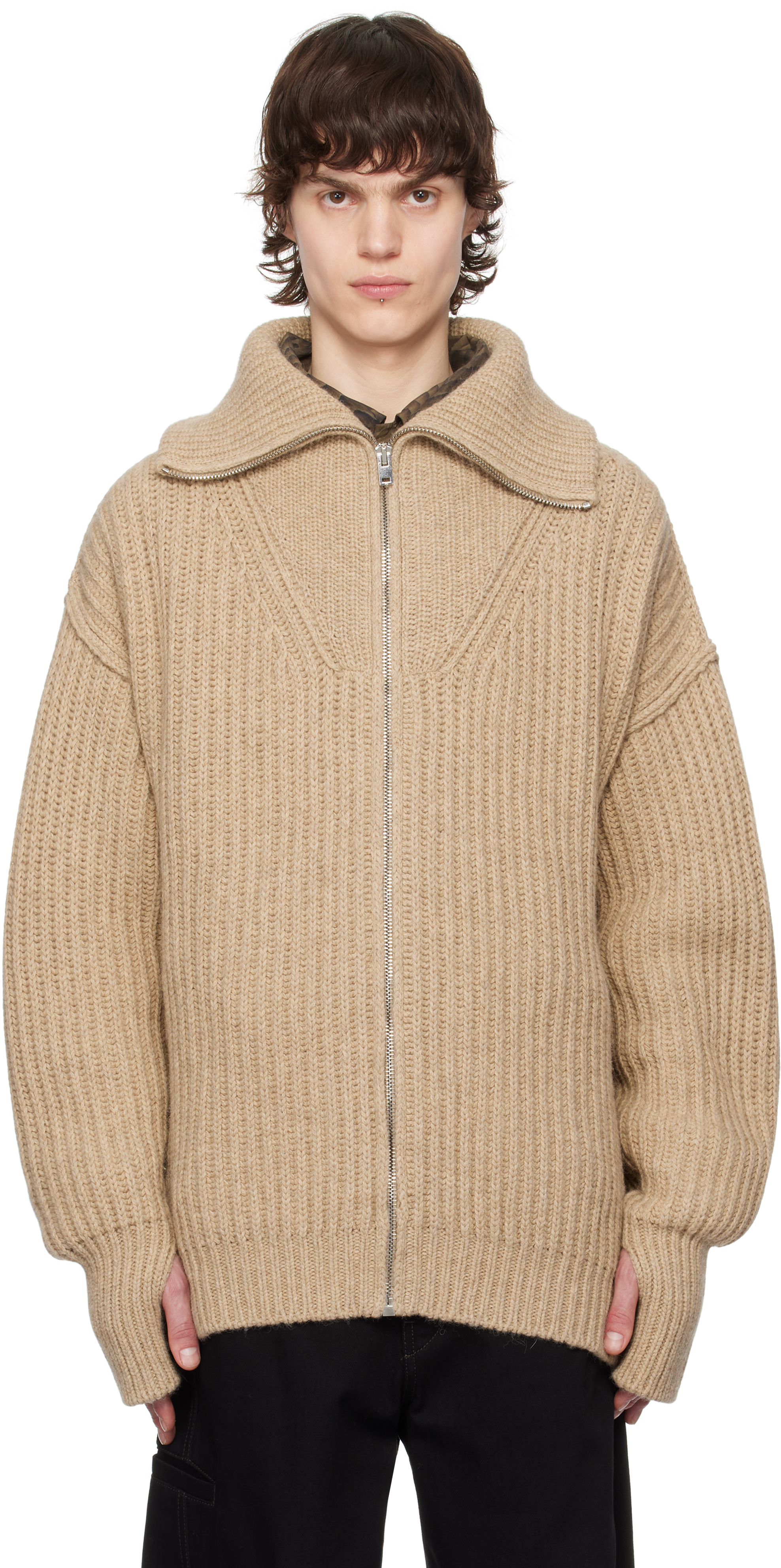 Beige Trucker Collar Zipped Cardigan