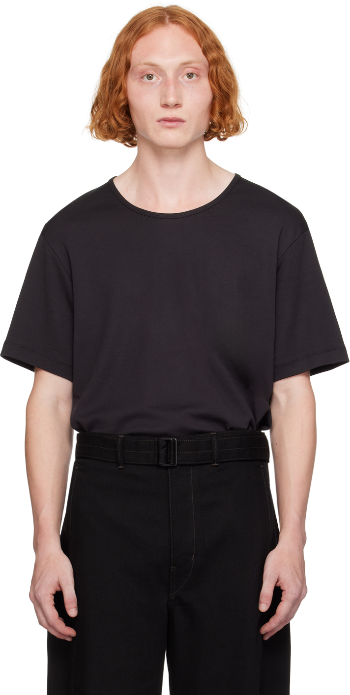 【LEMAIRE】コットンリブ UネックTシャツ LEMAIRE: ブラック UネックTシャツ | SSENSE 日本