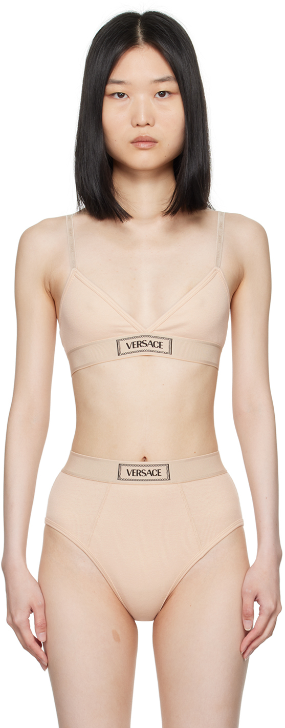 Shop Versace Beige 90s Vintage Logo Bra In 1kf80-chiffon