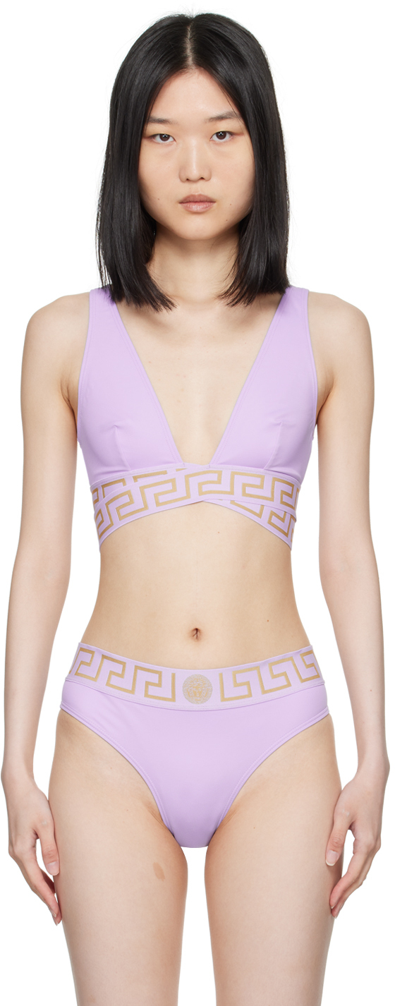 Shop Versace Purple Greca Border Bikini Top In 1lg30-mauve