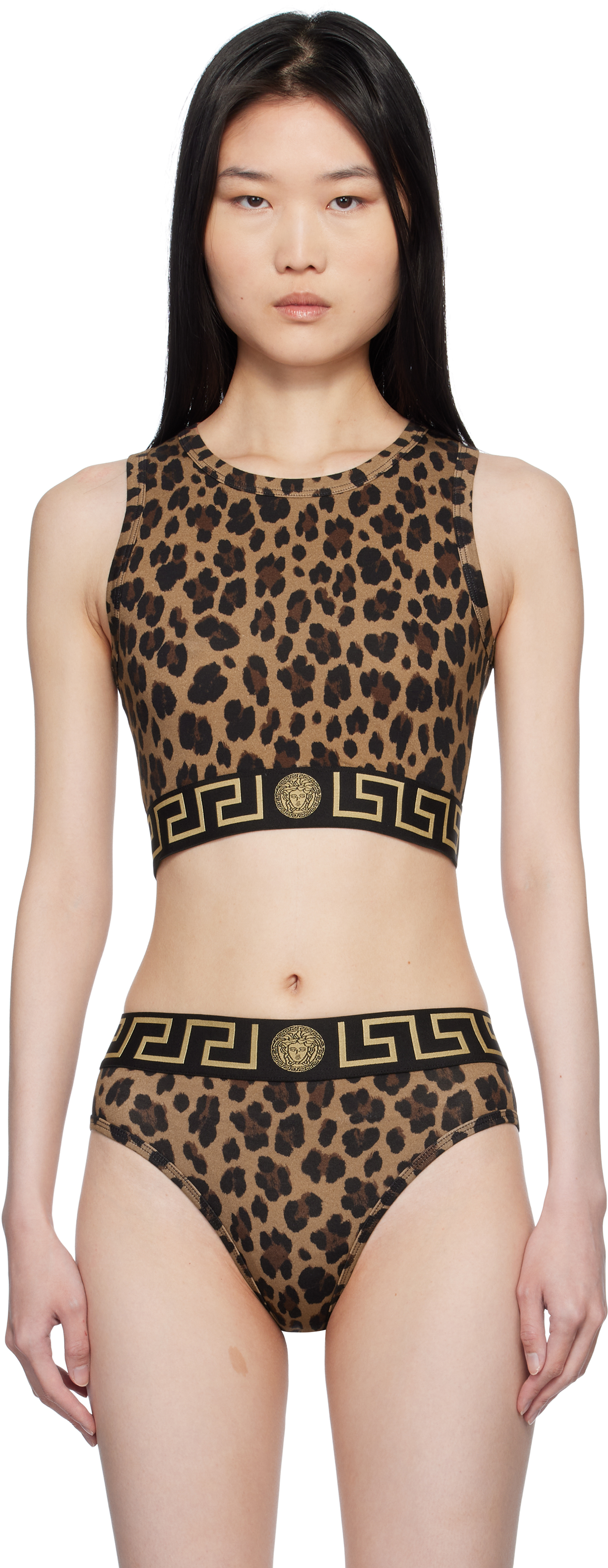 Brown Leopard Greca Border Crop Tank Top