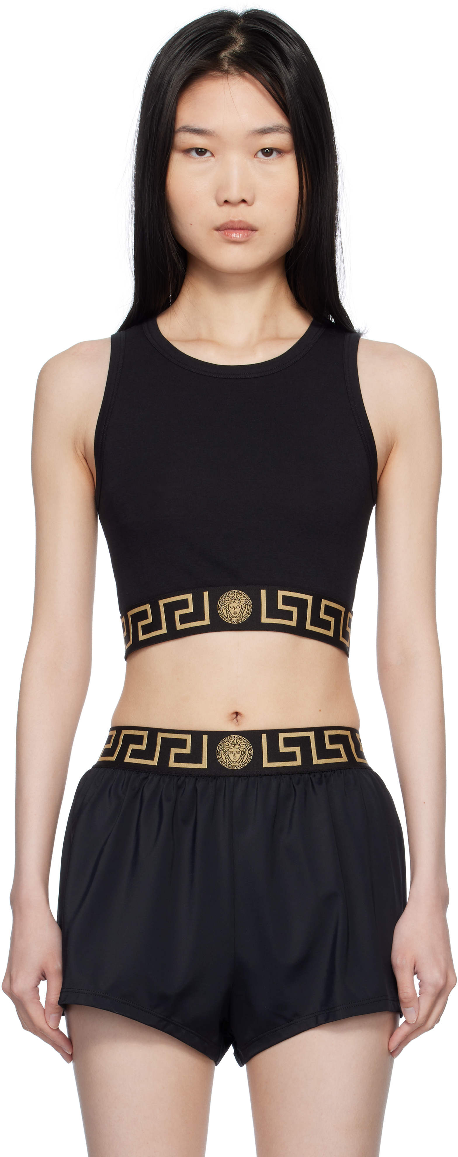 Black Greca Border Crop Tank Top