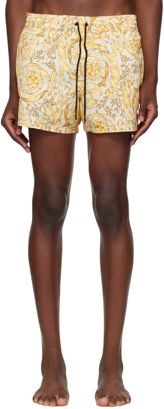 Shop Versace Yellow Barocco Swim Shorts In 5k410-champagne