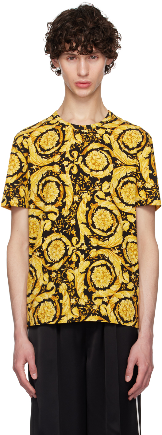 Shop Versace Yellow & Black Barocco T-shirt In 5b010-black+print