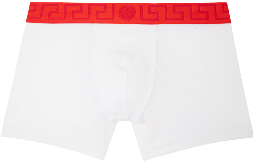 Versace Greca Border Logo-waistband Boxers In 2wp80-white+coral-r