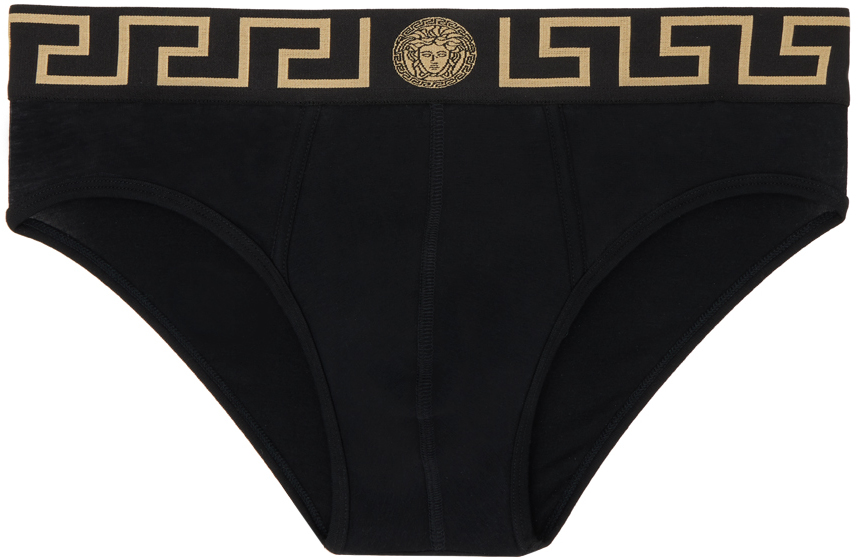 Shop Versace Black Greca Border Briefs In A80g-black Gold Gre