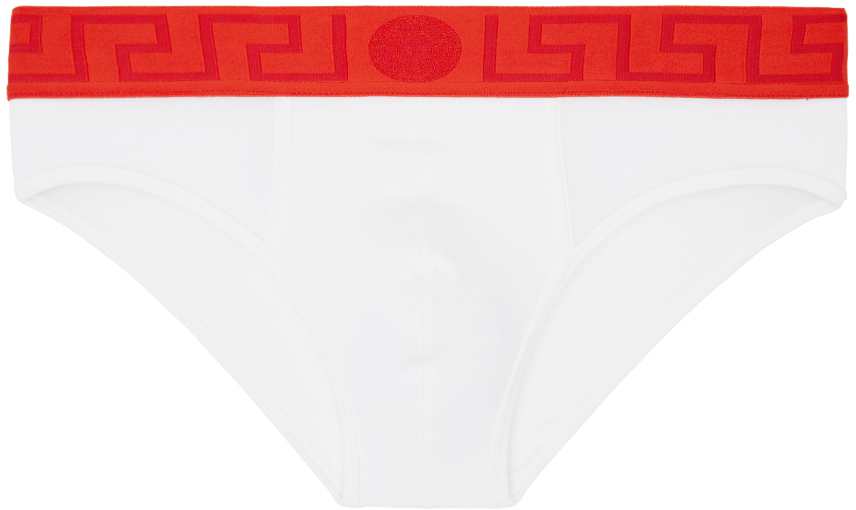 Shop Versace White Greca Border Briefs In 2wp80-white+coral-r