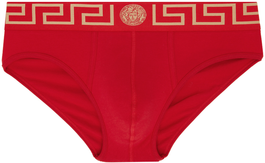 Shop Versace Red Greca Border Briefs In A9x2-red-gold