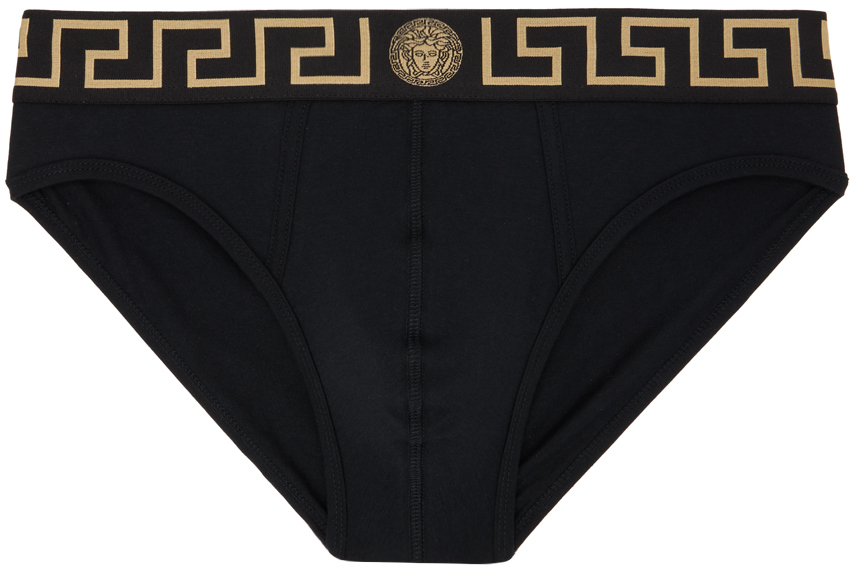 Shop Versace Two-pack Black Greca Border Briefs In A80g-black Gold