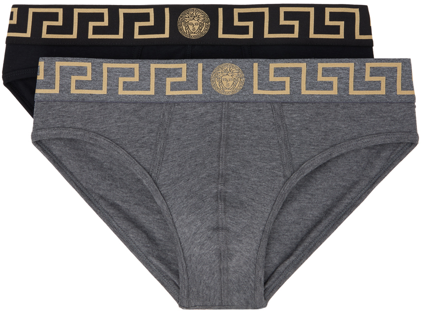 Two-Pack Black & Gray Greca Border Briefs by Versace