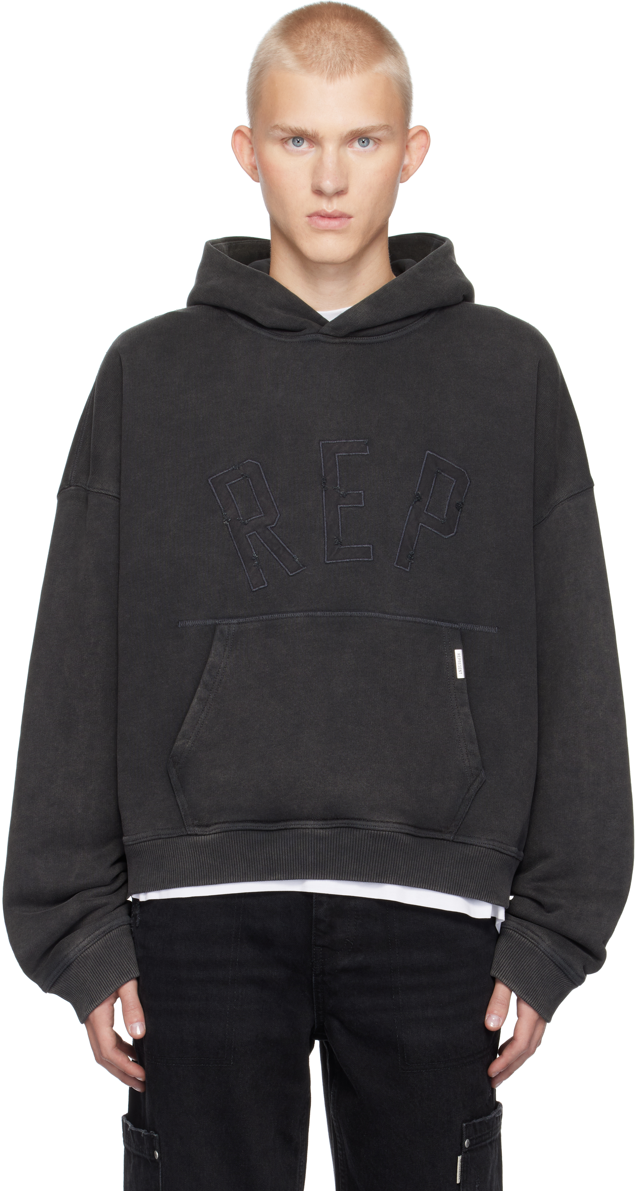 Shop Represent Black 'rep' Applique Hoodie In Vintage Black