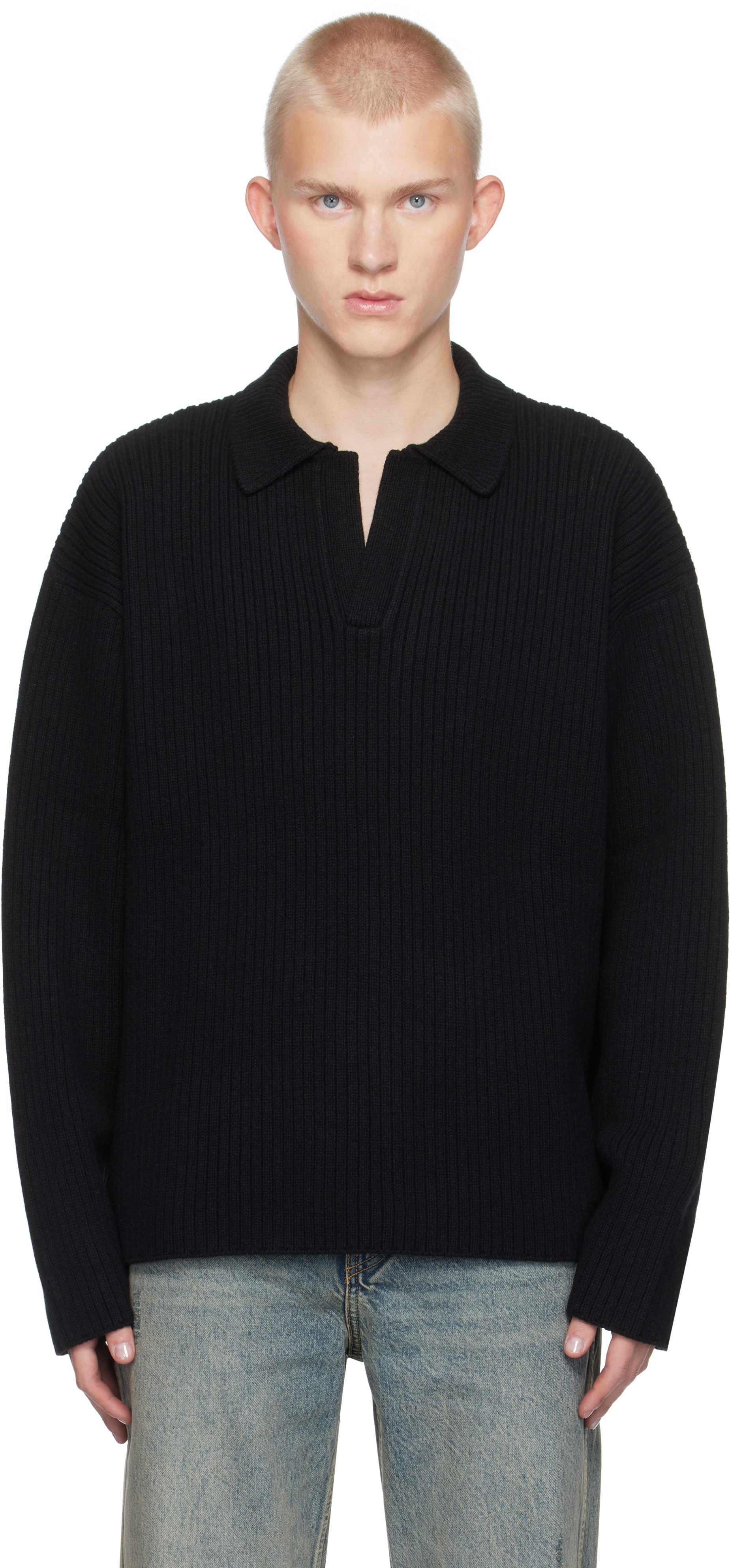 Black Ribbed Knit Polo