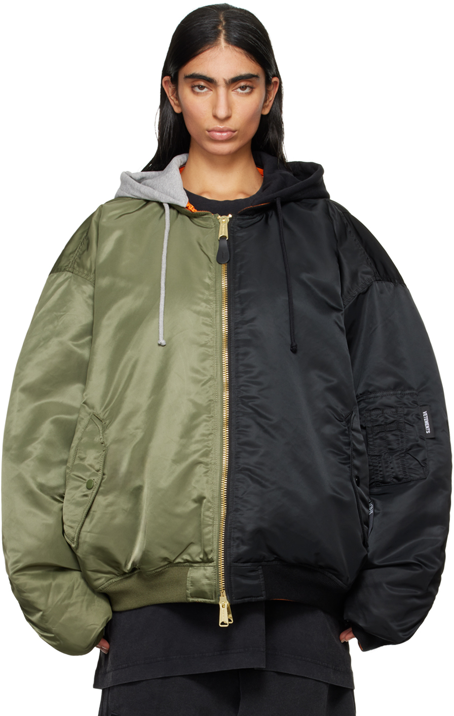 Shop Vetements Khaki & Black Alpha Industries Edition Split Hooded Reversible Bomber Jacket In Green / Black