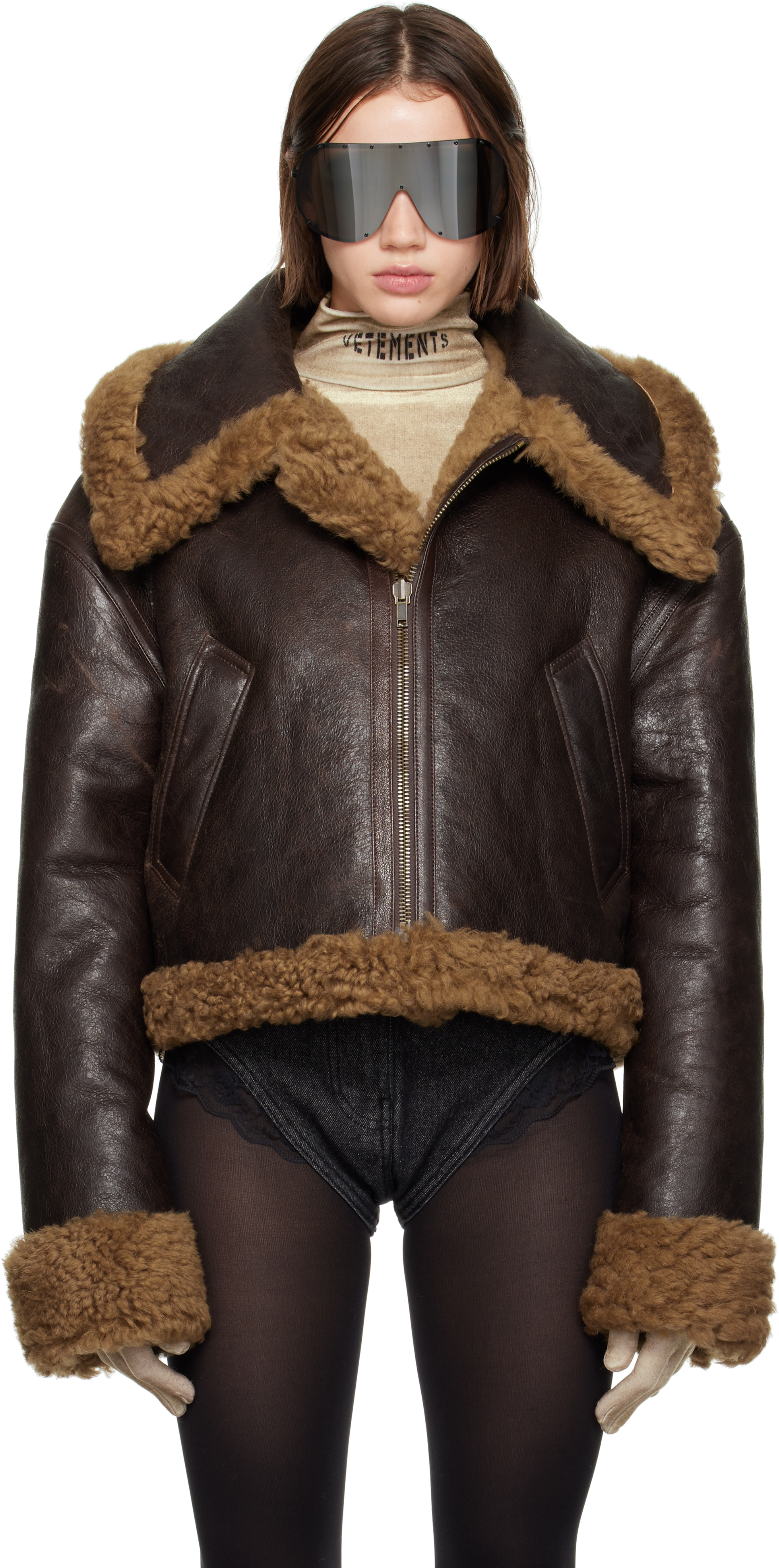 Brown Inside-Out Cropped Aviator Reversible Shearling Jacket