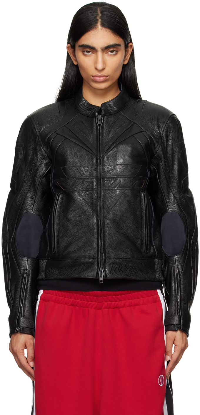 【関税込み】VETEMENTS ブラック Pro Racing レザージャケット Black Pro Racing Leather Jacket by VETEMENTS on Sale