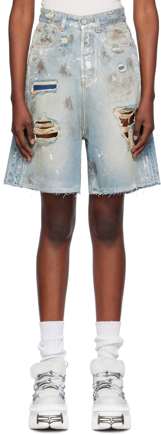 Vetements Blue Trashed Denim Shorts In Light Blue