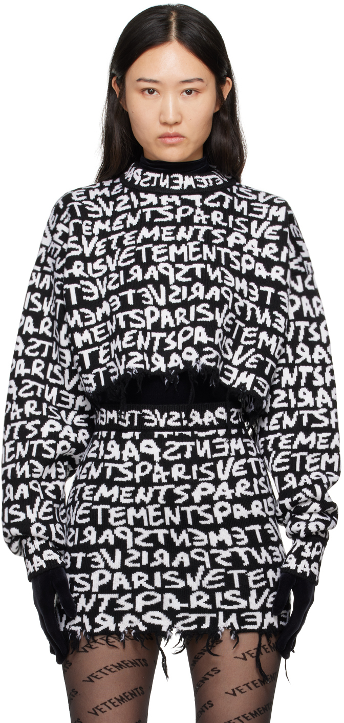 Shop Vetements Black & White Intarsia-logo Sweater In Black / White