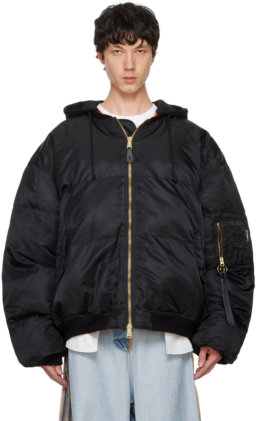 Shop Vetements Black Quilted Hooded Reversible Bomber Jacket