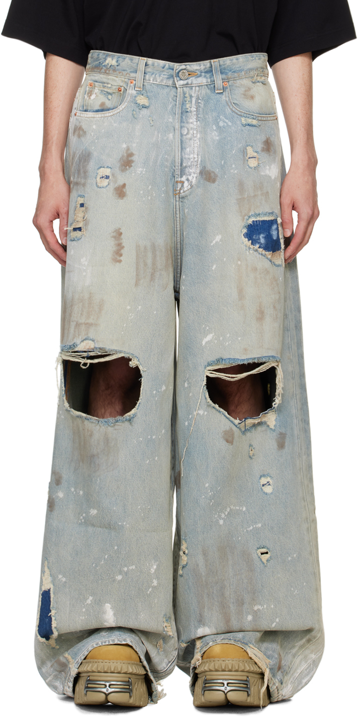 VETEMENTS BLUE TRASHED BIG SHAPE JEANS 