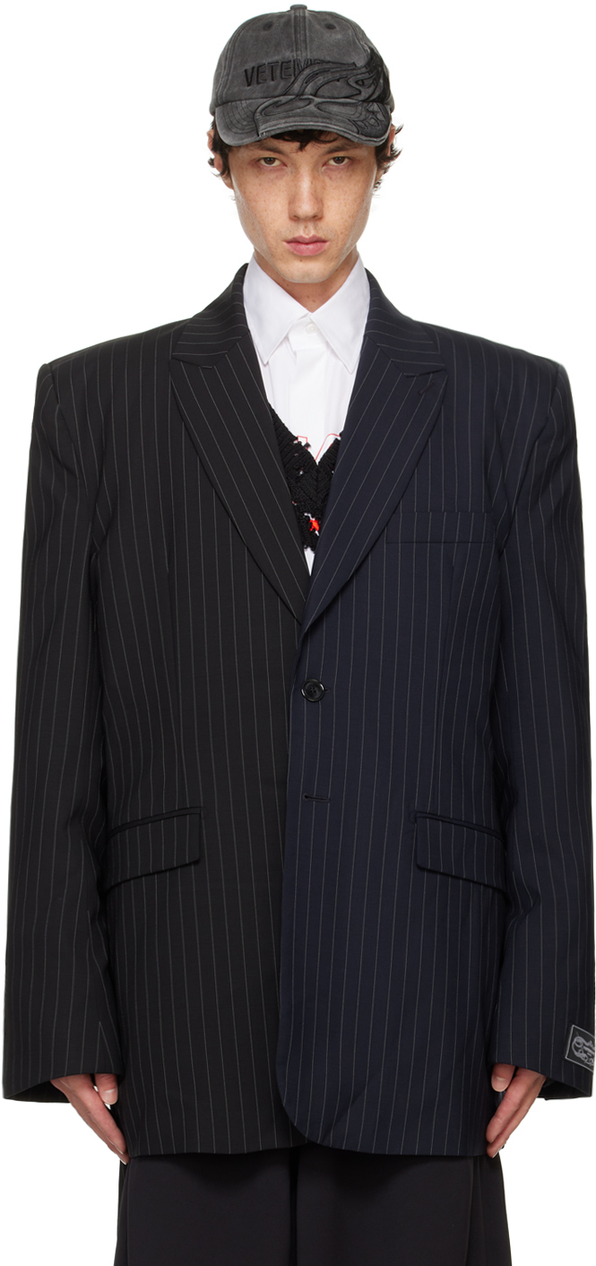 Shop Vetements Black & Navy Split Deconstructed Tailored Blazer In Black / Navy Pin