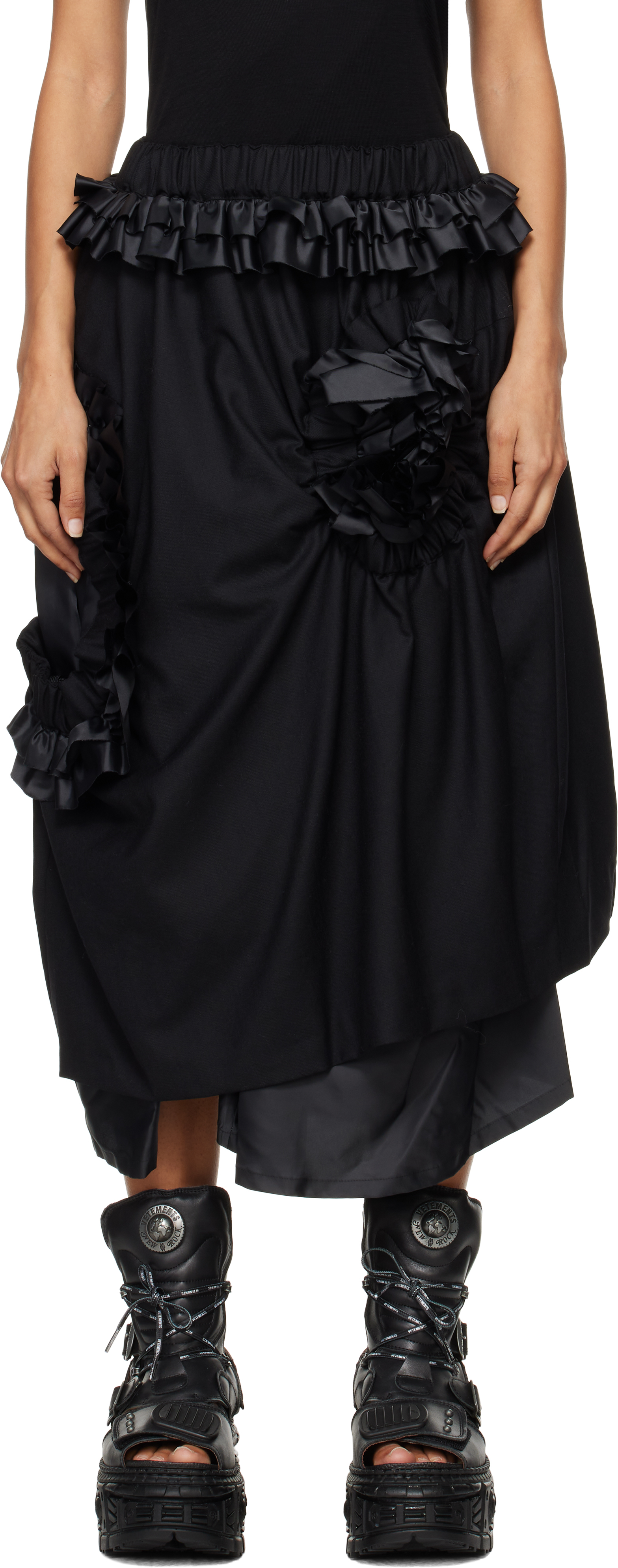 Black Wool Gabardine & Polyester Taffeta Midi Skirt