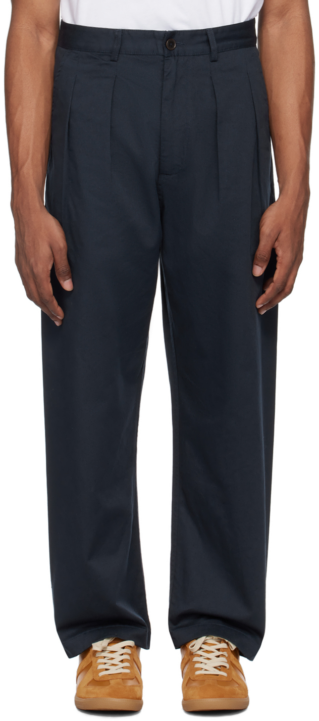 Shop Universal Works Navy Double Pleat Trousers