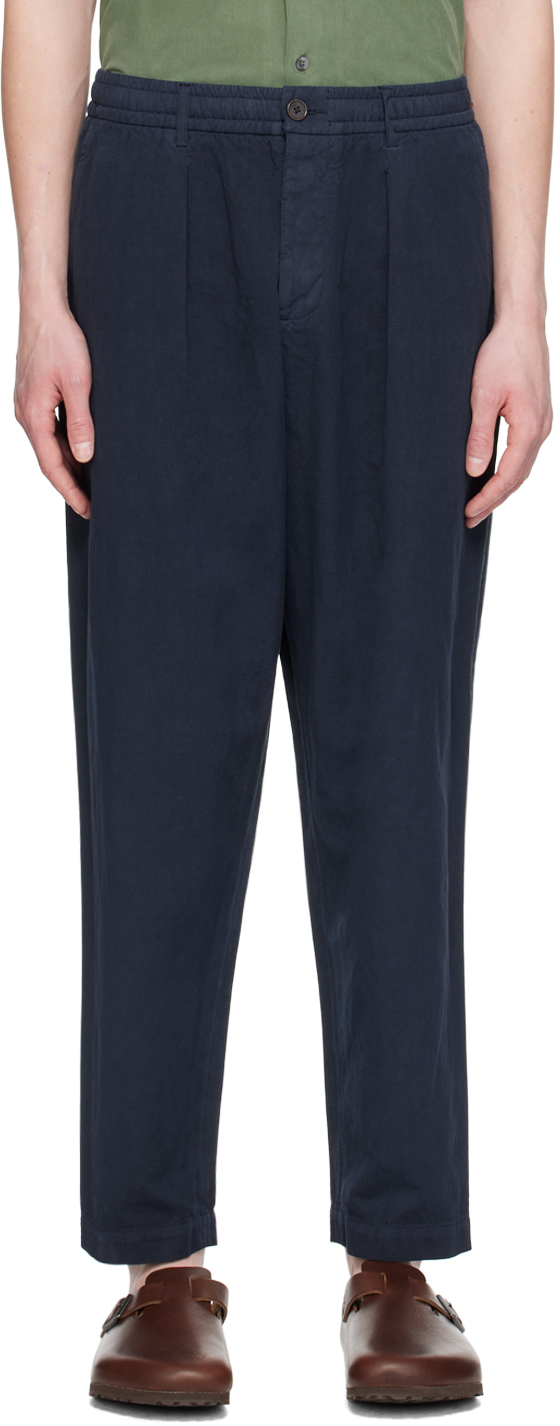 Shop Universal Works Navy Pleated Trousers