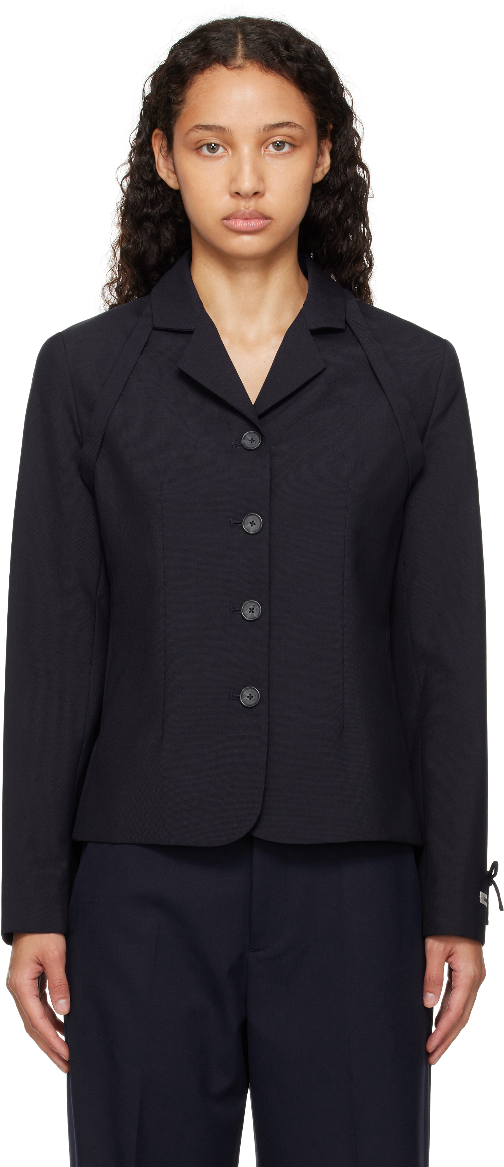 Shop Sandy Liang Navy Biscuit Blazer In 409 Navy